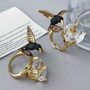 Gold Hummingbird Statement Ring with Clear Crystal